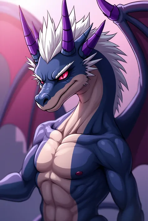 An adult komimimi dragon with defined masculinty features, white wolf-cut messy hairstyle, crimson red eyes, purple dragon horns, purple dragon wings, purple dragon tail, daddy-type, muscular, broad shoulders, chiseled v line, exhausted gaze, smirking expr...