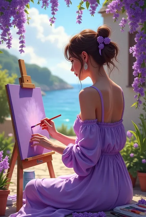 please make a image of a girl in vacation taking art classes with predominant color purple