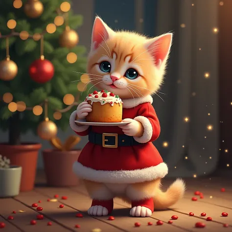   baby cat drawn in size 25   % Full screen   ,  Kitten in Santa clothes,  kitten is wearing a short skirt ,   Baby cat wearing loose socks  ,  2 kittens 、 Christmas tree , ILLUMINATION, eating cake ,living, A cute baby cat is standing on two back legs ,  ...