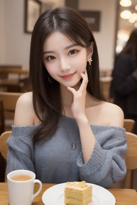  Inhaling Eyes , cute double ,  A mysterious woman enjoying chiffon cake at a cafe,  inside a calm cafe , Light colored medium hair, hairpin,  clothes chosen for a date , Talented , Kind personality,  woman who is very particular about the details ,  detai...