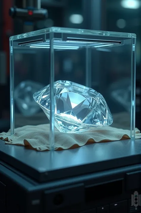 A diamond covered under piece of cloth in a glass cube under very high security 