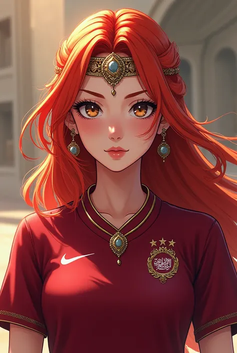 breasts,  red hair, anime,Qatar national football uniform ,  accessories that represent the culture of the country of Qatar