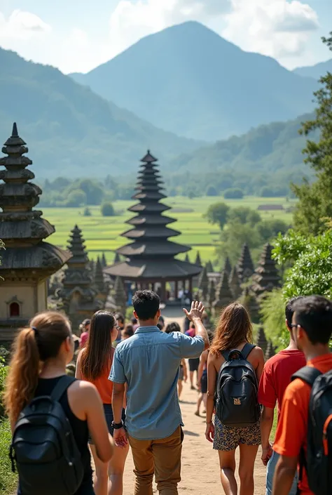 Photo réalisé, a tour guide bold with the touristes in Bali, nice view, Montaigne,rice field,Temple, local dress in bali Indonesia 