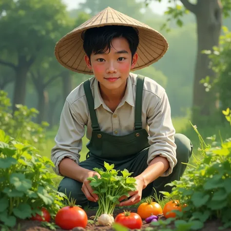  A young Vietnamese man about 20 years old, have beautiful eyes, has a high nose bridge , picking vegetables in the garden  