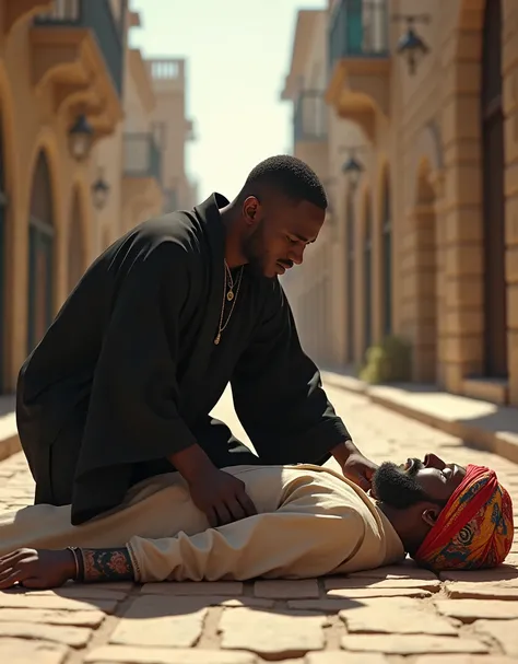 Front view, Good Samaritan Law,  Muslim  turban Man is lying on the roadside,  Cristian Father is  helping him, (black Father costume) Jerusalem street, old era ,noon (photographic, super high definition , retina, masterpiece, anatomically correct, Accurat...