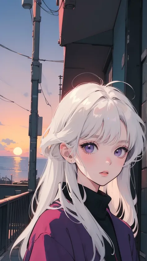 Girl with long hair, white hair, anime aesthetic, anime vibes, lo-fi art style, lo-fi portrait by window, Watching the sunset. Anime, noble girl, anime art wallpaper 4 k, anime art wallpaper 4k, anime art wallpaper 8 k, anime background art, lo-fi color, l...