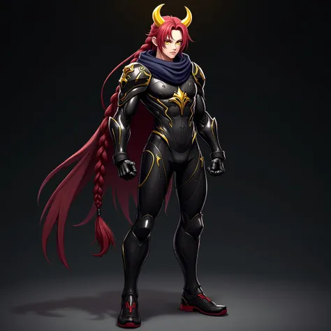   masterpiece ,  better quality ,  ultra detailed , Fine details, slim body,with muscles, 1chico,  young mens anime with long deep red braid, yellow eyes and golden horns , dark blue long scarf, full body,  clenched cuffs ,black boots with crimson stripes ...