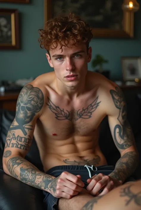 hyper realistic, Young man,  brown hair , gray eyes, freckles, biting the lip, rascal,  looking malicious ,shirtless, shorts without underwear marking penis volume , hard dick,  tattooing the crotch of another naked red-haired young man, Tattoo studio,Sitt...