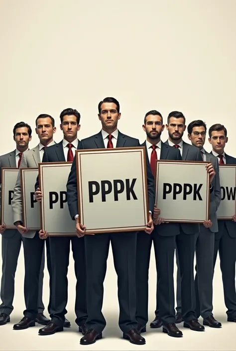 Eight men lined up neatly holding banners with the words PPPK group written on them.