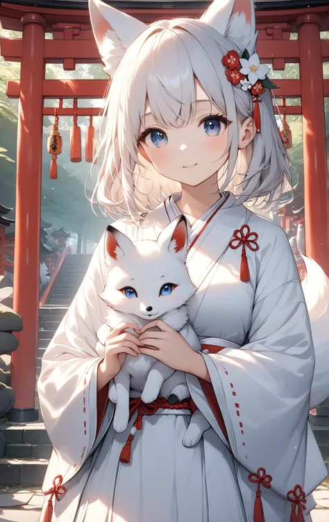  masterpiece，  top quality，  high definition ，8ｋ，Inari Shrine，Its a white baby fox，cute,