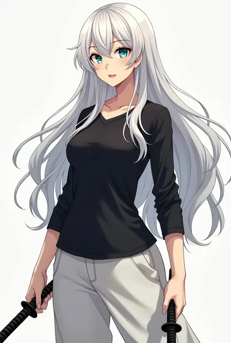  Beautiful mature 2D young woman with long wavy  , white with pointed bangs on the front   ,   right eye green and left blue with black eyebrows , light red lips , with two katanas,   hair dressed in a black long sleeve shirt and loose white pants.     Ani...