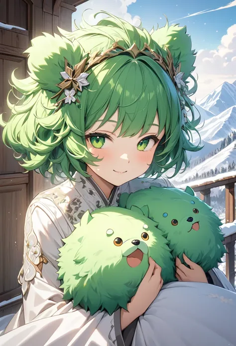 (beautiful and delicate) (Spectacular views illustration), 
(Grooming style), age 312, solo, (((beautiful green Fluffy body hair skin))), ((hair flaps)), (vivid green hair), (medium hair), (ultra immensely cute bear Woman), big tits, happy face, lie down a...