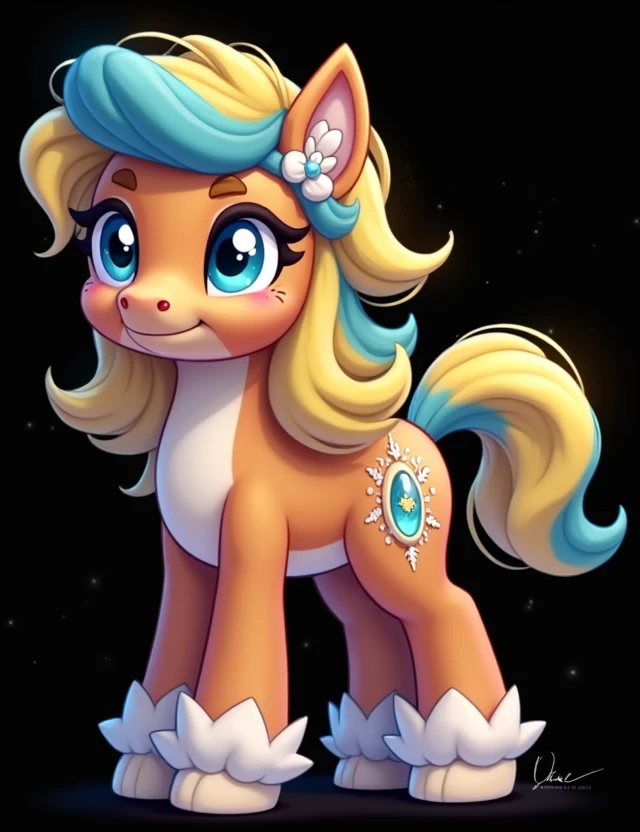 A pony with slightly brown skin and yellow hair with blue blue 