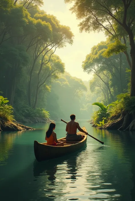 Sofía, a teenager, is in a canoe with a Shuar man as a guide, navigating an Amazon river surrounded by lush jungle. 