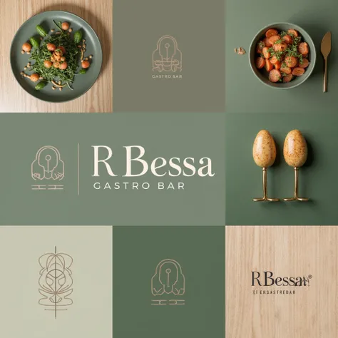 Create a brand with a modern and original visual identity for a written restaurant "BESSA GASTRO BAR  " 
In the colors green, moss, gray and brown, wood 