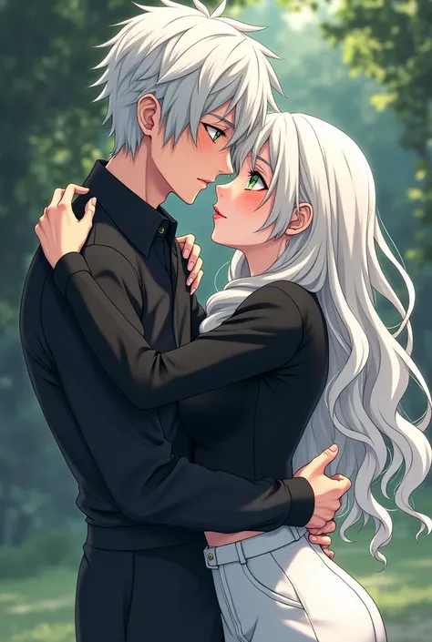  Beautiful mature 2D young woman with long wavy hair , white with pointed bangs on the front  ,  right eye light green left light blue with black eyebrows  , light red lips ,  dressed in a black long-sleeved shirt and loose white pants kissing Killua Zoldi...