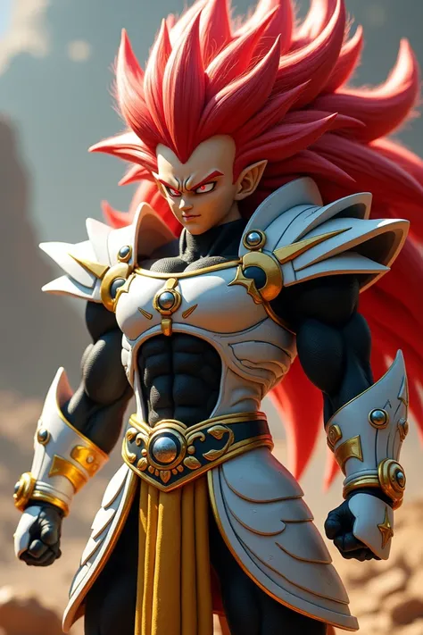 A Saiyan that has tall red spikey hair, red eyes, and white, gold, and black battle armor