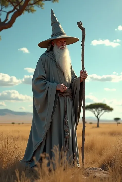 Create a work scenario for a senior software engineer dressed in the clothes of the wizard Gendalf in the middle of the African savanna .