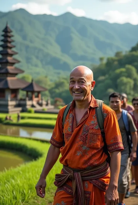 Photo réalisé, a tour guide without hair, guiding the touristes in Bali, nice view, Montaigne,rice field,Temple, local dress in bali Indonesia 