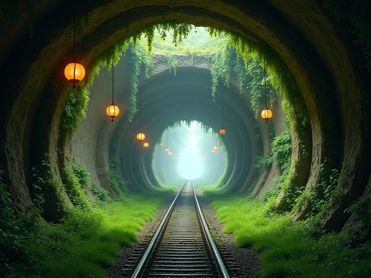 A wide tunnel ,  the roof is covered with vines from which hanging lamps that shine yellow stand out,  on the floor in the middle there is an abandoned train rail ,  the floor is covered with grass 