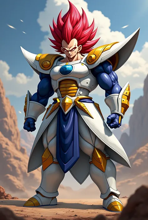 A Saiyan that has tall red spikey hair, red eyes, and white, gold, and blue battle armor