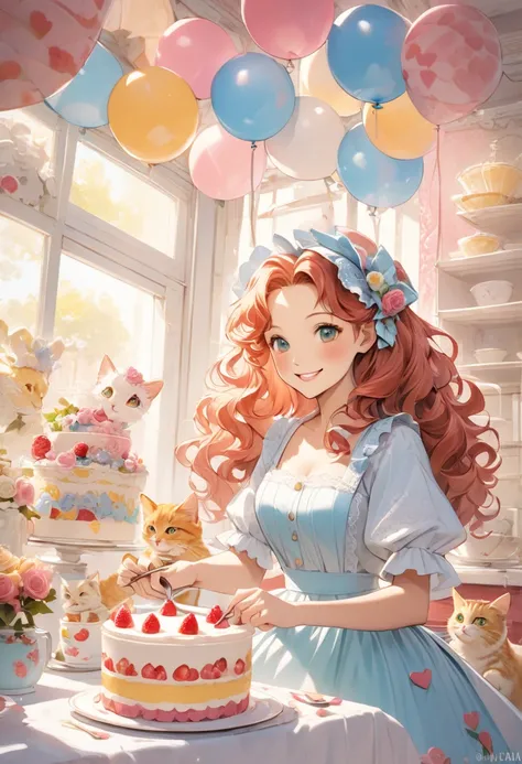 Smiling wavy-haired woman and cats making cake, lacy romantic background