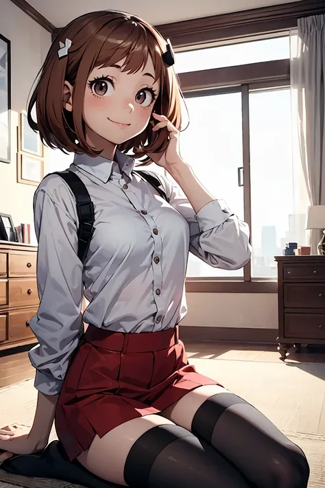 (( Uraraka Ochako )),   My Hero Academia   ,((   1 girl)),   smile, cute, Brown haired   ,    shorthair,    stockings,   sitting on the carpet in her room,Sit flat,   View from the ground ,((   very detailed,   top quality,  The girl is in high definition ...