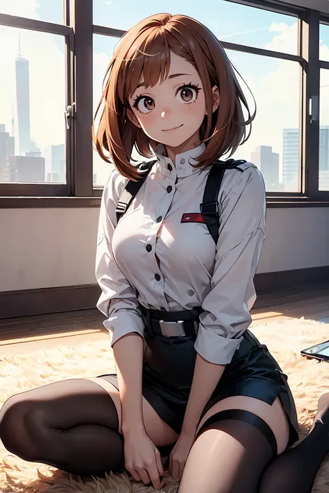 (( Uraraka Ochako )),   My Hero Academia   ,((   1 girl)),   smile, cute, Brown haired   ,    shorthair,    stockings,   sitting on the carpet in her room,Sit flat,   View from the ground ,((   very detailed,   top quality,  The girl is in high definition ...