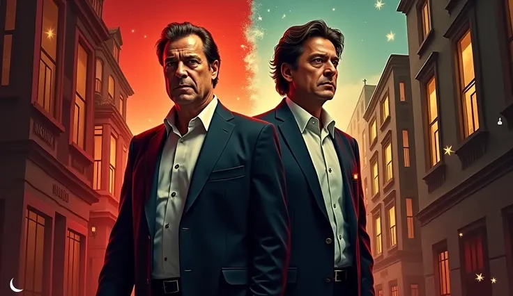 A vibrant and eye-catching YouTube thumbnail featuring Nawaz Sharif and Imran Khan side by side. Nawaz Sharif is shown in a suit with a backdrop of luxurious London flats (Avenfield Apartments), while Imran Khan is depicted in casual attire with a modest L...