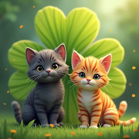 Realistic and cute２Cats、 dark gray cat on the left 、、Orange striped cat on the right 、 large four-leaf clover behind the cat