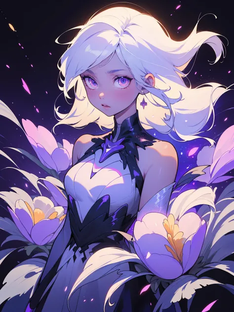 (best quality, masterpiece), 1girl, ((white hair)), galaxy, glitter, dress, particle, wind, flower, upper body, dark simple background, looking at viewer,  (girl with white long hair and light purple eyes),