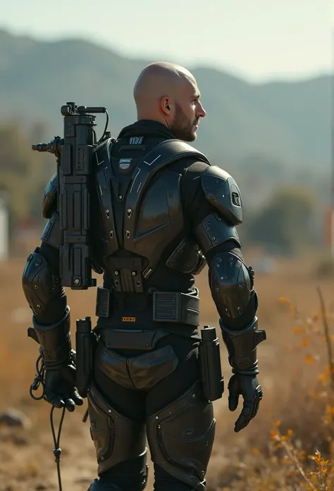  Exoskeleton armor Cyberpunk style costume, reflex, featuring the visible human crew member , 30-year-old bald ,  on a battlefield ,  facing enemy aliens Depth of Field,  flash of lens , Emphasis lines,  motion blur, drop shadow, bloom, Lines of exploratio...