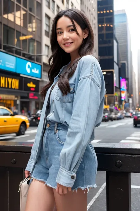 Girl in New+York stands happy, 37 years old