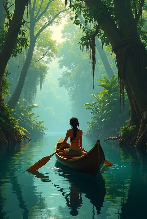 Sofía, a teenager in full clothes, is in a canoe with a Shuar man as a guide, navigating an Amazon river surrounded by a lush jungle with tropical vegetation and hanging lianas.