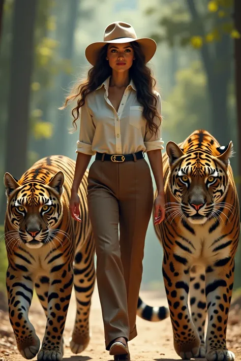  A woman dressed in a trouser shirt and hat . side by side with big cats .black striped fur pattern . with a face that looks dashing and adorable. they walk together towards the front .forest striped background 