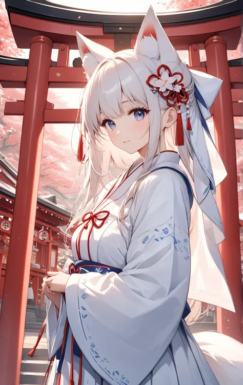  masterpiece:1.2， top quality， high definition ，8ｋ，Inari Shrine，Its a white baby fox，cute, Shrine maiden, Professional photography， Details，