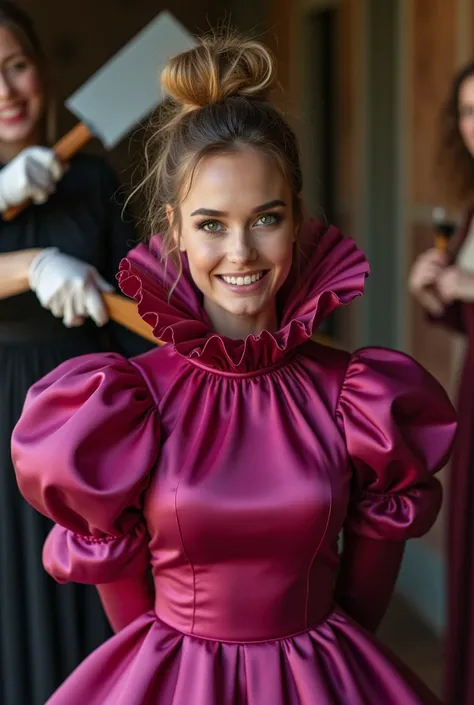 (realistic photograph sideways close up), (a happy willingly bend over beautiful Caucasian lady with (messy hair bun) and wearing (excessive shiny fuchsia silk dress with (long gigantic puff sleeves), (and with an ultra high tight stand-up collar up to her...