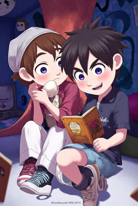 The two protagonists in Dumb House sit and read a book together