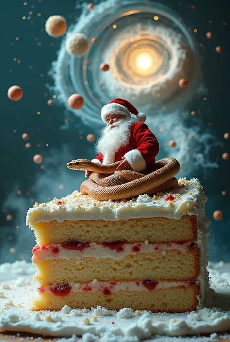    christmas photo postcard .   It depicts a side view .
 on the plate is a huge piece of cake .
  from inside the piece, a transparent tornado appears with a swirling stream of stardust and planets.
 volume inside the cake .
 Santa Claus appears from a vo...