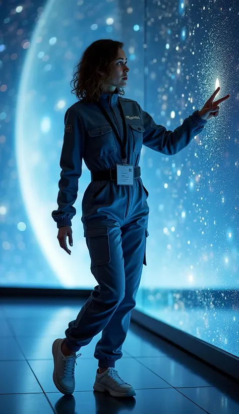 ( top quality,  Masterpiece  :1.3, super high resolution,),( Ultra Details, caustics ),(Photorealistic 4k）A woman in a sleek space-themed jumpsuit, comfortable walking shoes, and a lanyard with an ID badge, pointing at a star map in the planetarium.　white ...