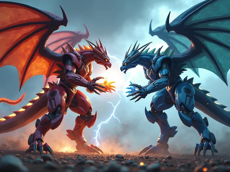 Create a dynamic scene featuring two massive mechas in the shape of dragons locked in intense combat. The first mecha is a red dragon, its body covered in sleek, futuristic armor with glowing orange and gold accents. Its wings are large, metallic, and shar...