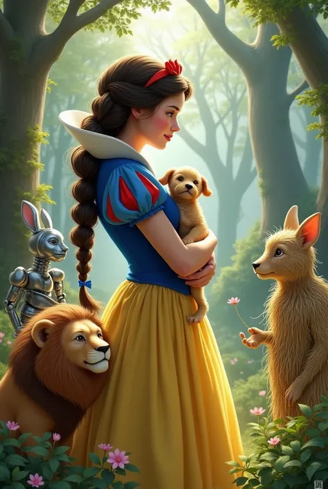  Make snow white with braids in her hair , Holding a puppy.
Behind her a cowardly lion, A man made of straw and a man of metal.