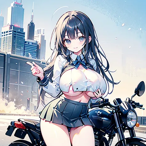 masterpiece,Best Quality,One, (((wearing mini skirt))), girl,Chibi,motorcycle,Jump, (frown:0.9),smile,speed,Motion Lines,helmet, mini skirt、A silly smile、(((big breast:1.5)))