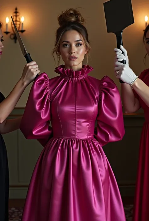 (realistic photograph sideways close up), (a happy willing bend over beautiful Caucasian lady with (messy hair bun) and wearing (excessive shiny fuchsia silk dress with (long gigantic puff sleeves), (and with an ultra high tight stand-up collar up to her c...