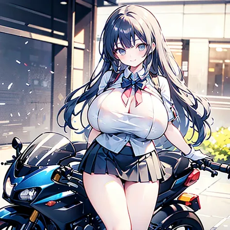 masterpiece,Best Quality,One, (((wearing mini skirt))), girl,Chibi,motorcycle,Jump, (frown:0.9),smile,speed,Motion Lines,helmet, mini skirt、A silly smile、(((big breast:1.5)))