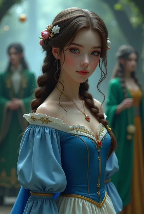  Make snow white with braids in her hair , in blue dress.
Behind her a magician in green clothes.