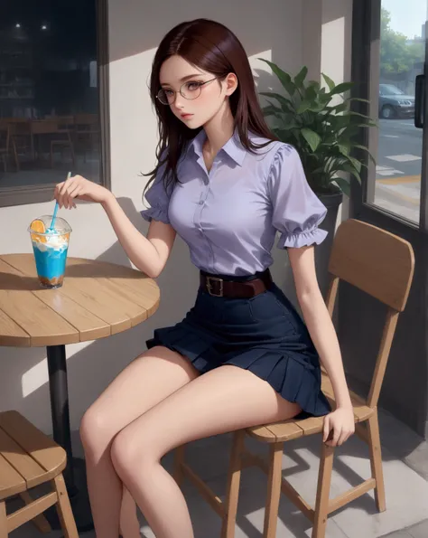 adorable young woman, sitting on seat at cafe, a cup of iced drink, (+forehead, reddish-brown straight hair, eyeglasses), wear gray short puff sleeves blouse (+collared blouse, mini ruffle on sleeves), dark-blue denim mini skirt with black belt, BREAK, (1g...