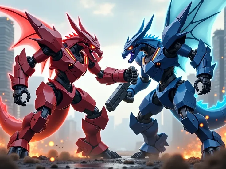 Create an intense battle scene featuring two giant humanoid dragon mechas, each armed with advanced weaponry. The first mecha is a red dragon-inspired humanoid, with sleek, angular armor plates and glowing red energy lines running across its body. It wield...