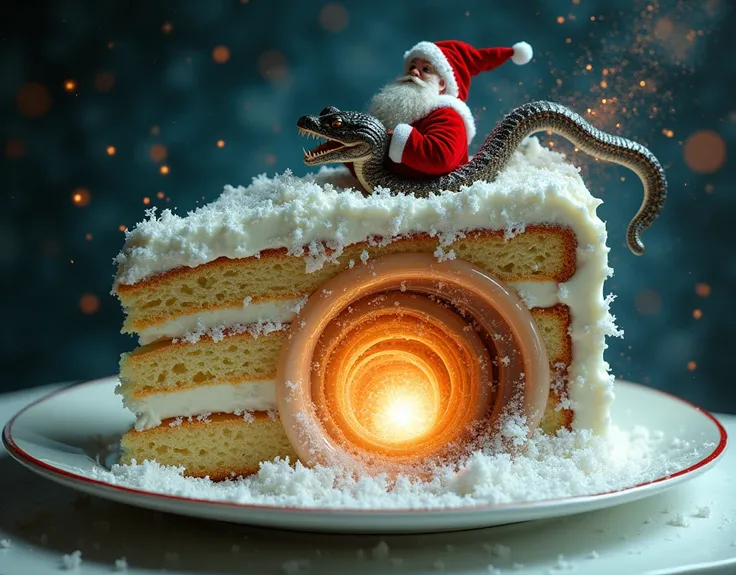   close-up ,  christmas photo postcard .   It depicts a side view .
 on the plate is a huge piece of cake .
  from inside the piece, a transparent tornado appears with a swirling stream of stardust and planets.
 volume inside the cake .
 A detailed and rea...