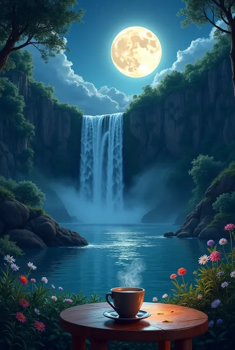 big full moon, water fall and a coffee in table